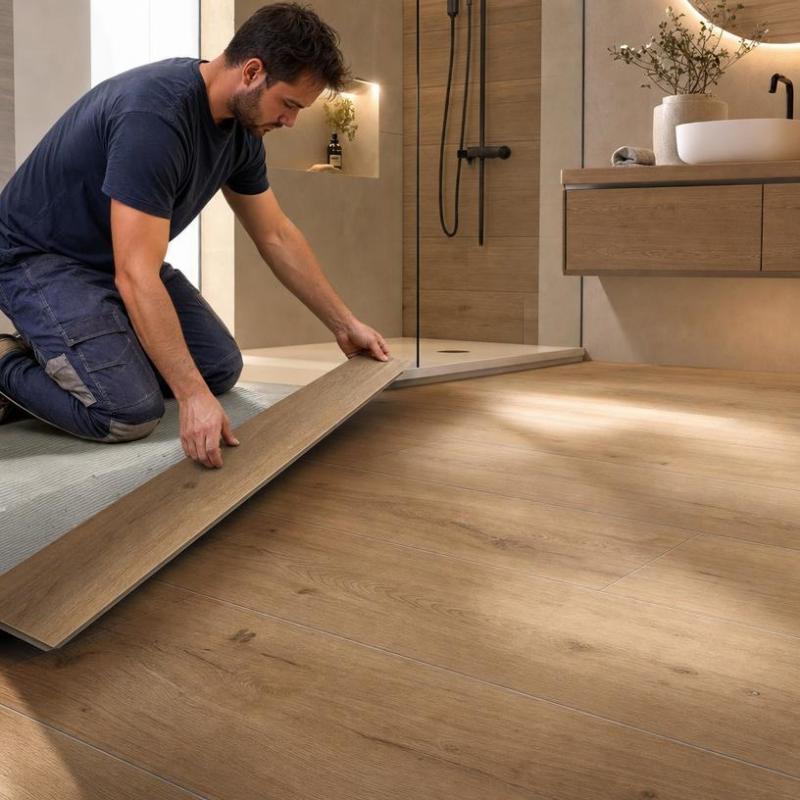 Le carrelage imitation bois s&eacute;duit par son rendu chaleureux et sa r&eacute;sistance &agrave; l'humidit&eacute;